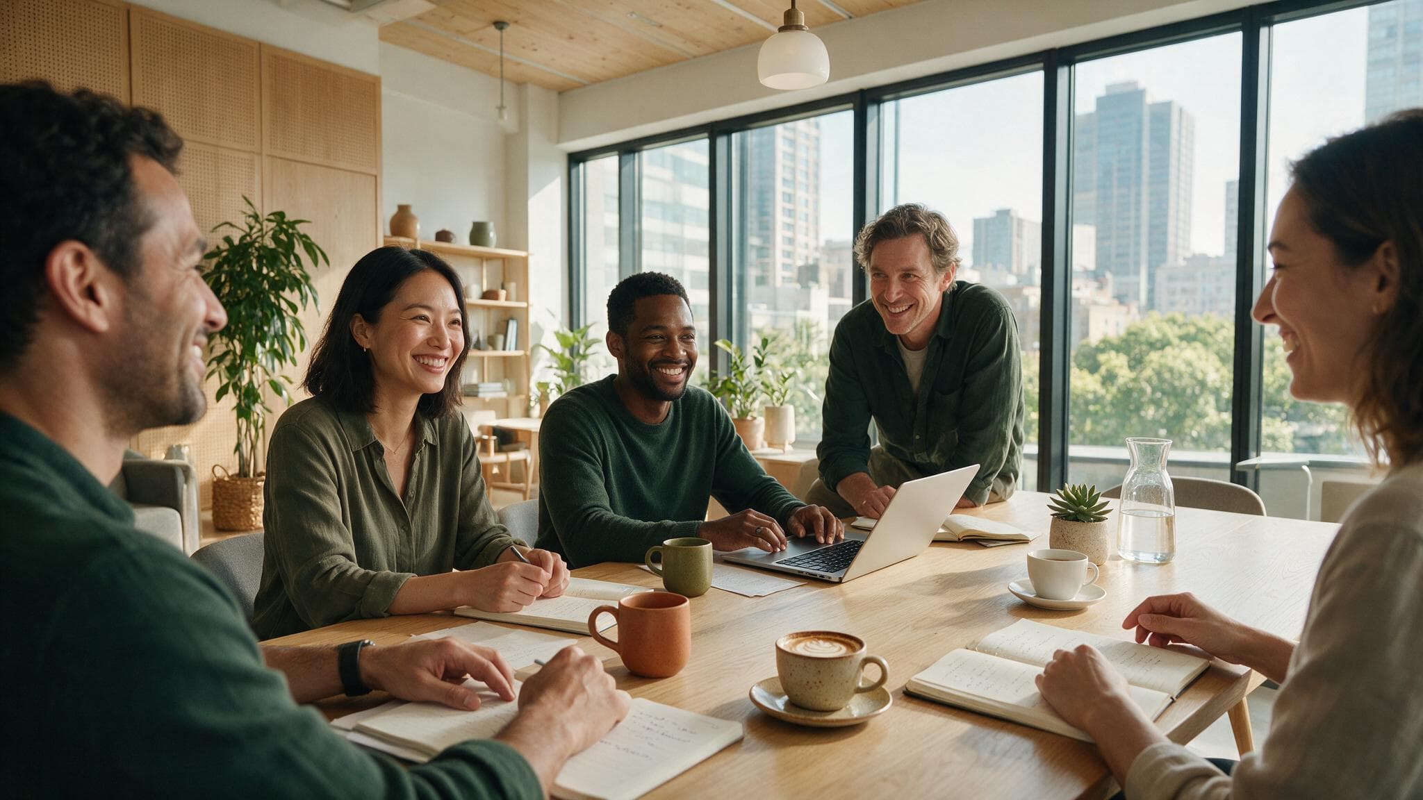A team collaborating in a bright modern office